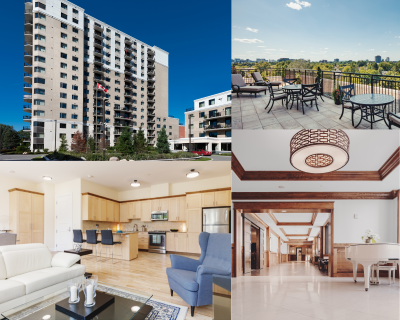 An exterior view of the Les Terrasses Francesca apartment building in Ottawa, A view from a balcony on the property, an interior view featuring a furnished kitchen and living room, and a lobby with a piano.